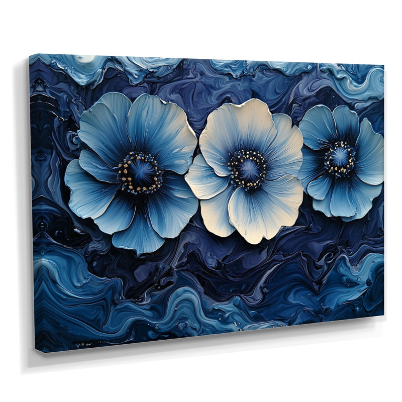 Aqua bleu coquelicots, paysage de rêve la nuit I - coquelicots, art mural, Toile tendue, H 24 po x l 32 po
