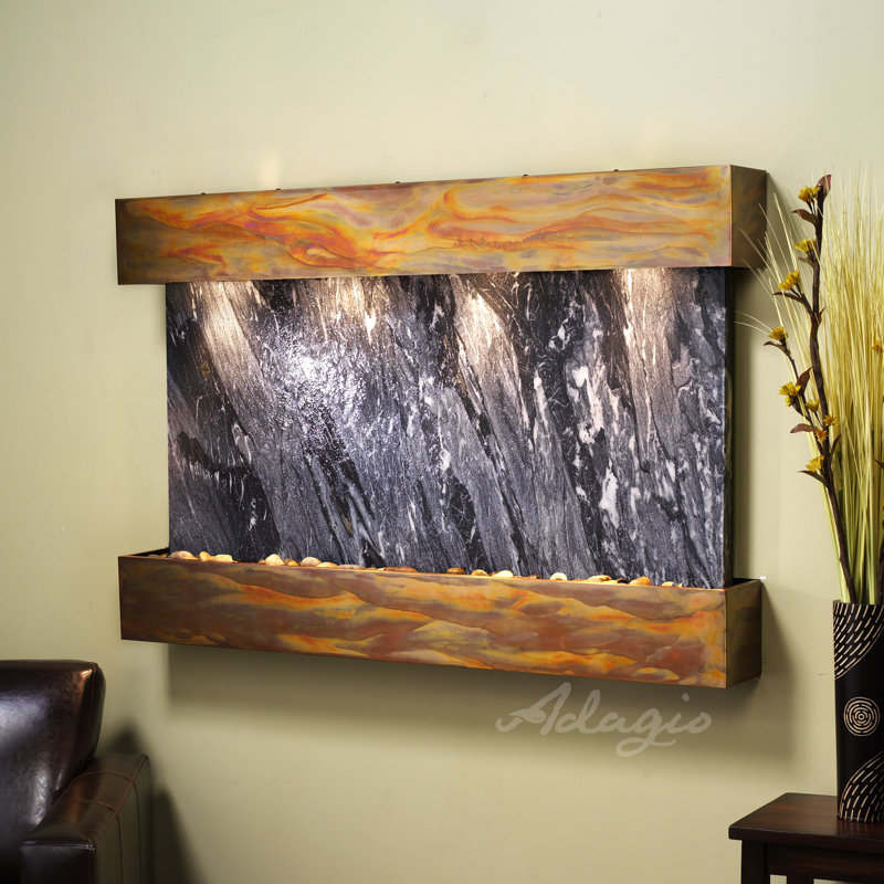 Sunrise Springs Natural Stone/Metal Wall Fountain with Light, Black Spider Marble, Rustic Copper