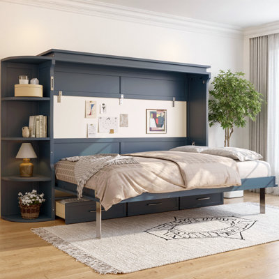 Murphy Wall Bed with Shelves, Side Cabinets & 3 Drawers, Space Saving Fold-Up Platform Bed for Home Office, Guest Room & Studio Apartment, Full/Queen Size in White or Blue