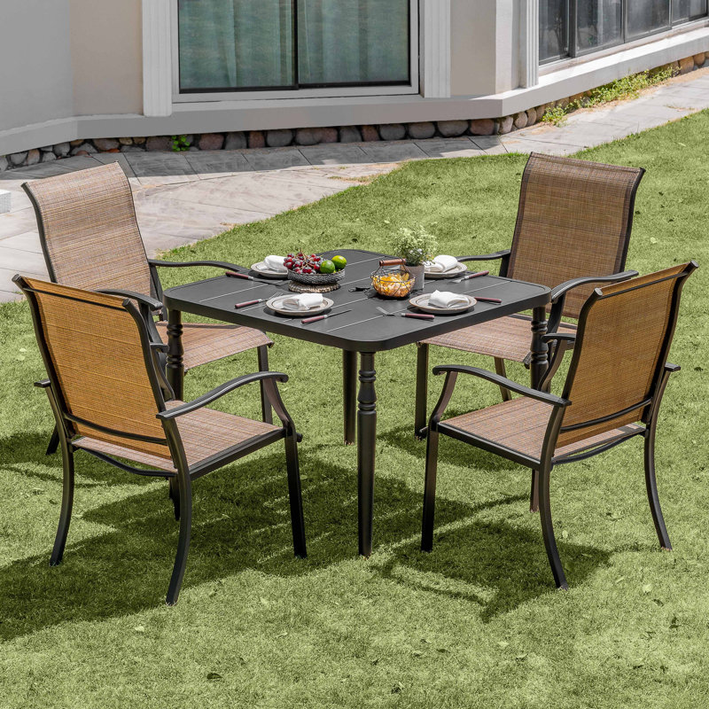 Patio PVC-coated polyester Dining Set Of 5 With Umbrella Hole, Wood-grain Tabletop, Black