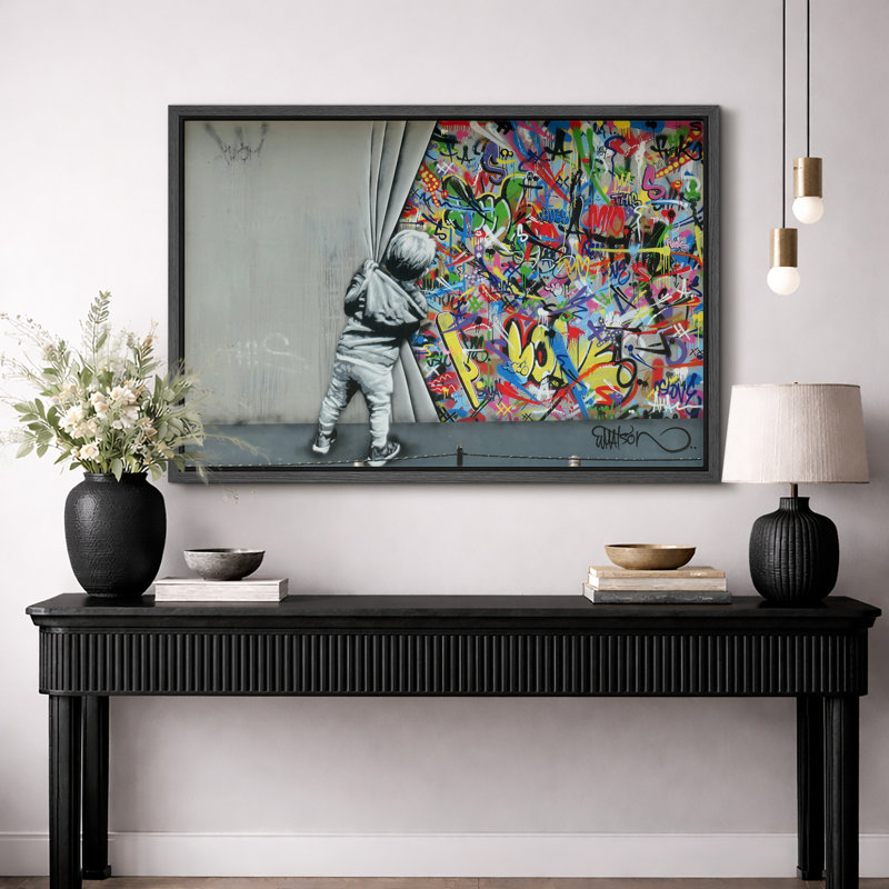 Pop Urban Street "Banksy British Artist Kid Spray Paint Curtain Artwork, Vibrant Illusion Colorful Wall Pictures, Large Framed Canvas Giclee Print Wall Art"