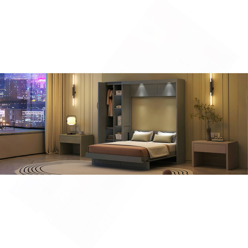 Lit escamotable double pleine grandeur avec tablettes, garde-robe et lumières DEL, Gris