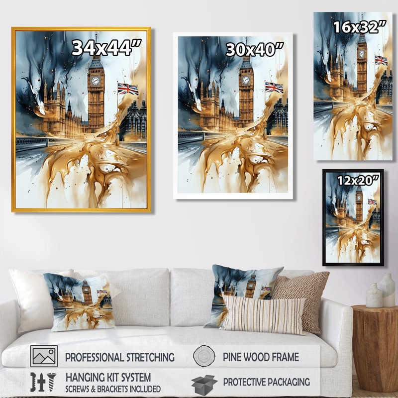 Art sur toile Monetta London Big Ben Glow On Gold I, Argent argent, H 32 po x l 24 po, Impression encadrée sans passe-partout