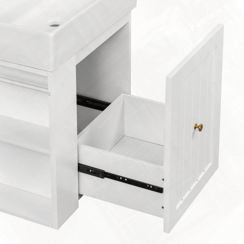 Meuble-lavabo moderne avec tiroir en céramique et tablette latérale, Blanc