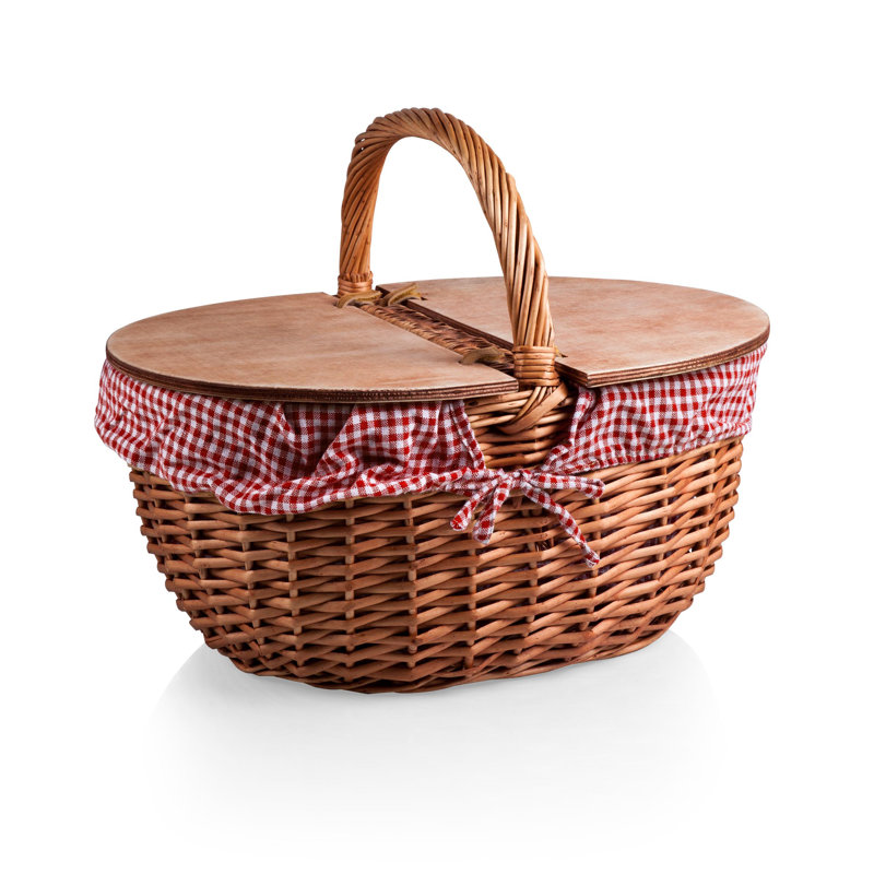 Country Vintage Wicker Picnic Basket for 2, Red/White