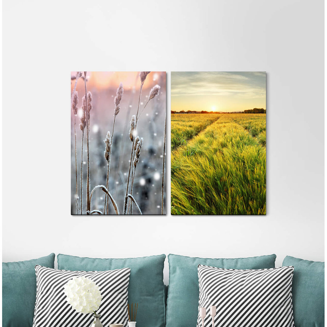 2-tlg. Leinwandbilder-Set - Grafikdruck „Wheat Cornfield Sunset Nature Landscape Horizon Silence”