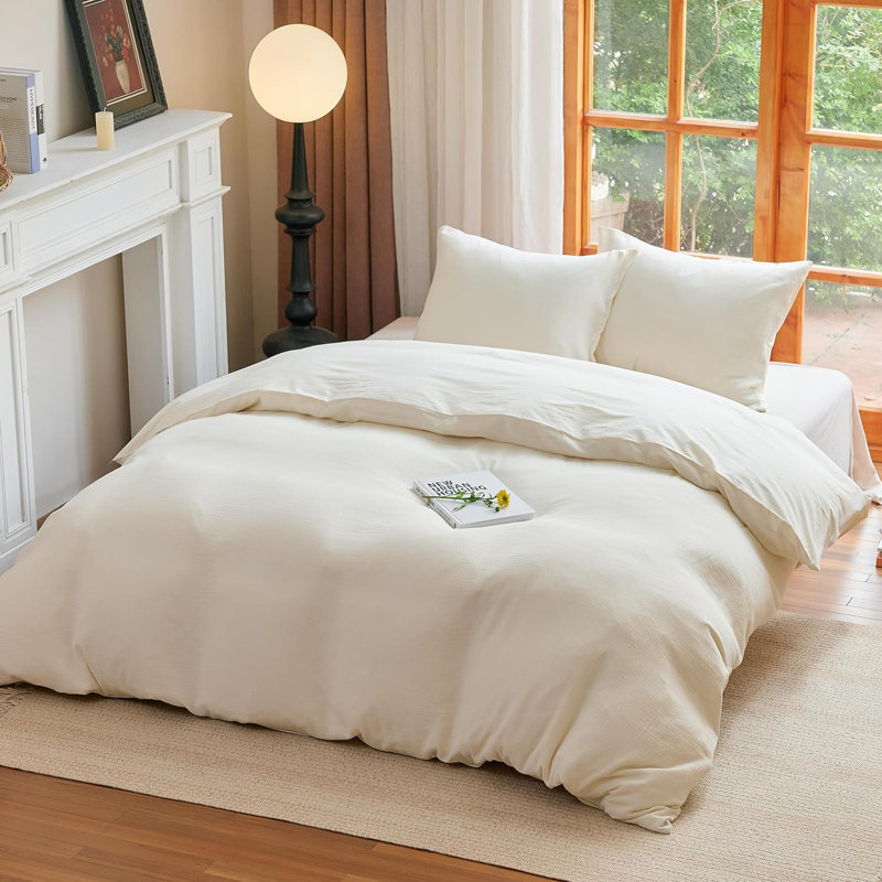 Ensemble de housse de couette en mousseline 100% coton lavé pour toutes les saisons, Beige