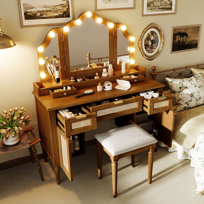44.37 " Makeup Vanity Desk With 13 Hollywood Bulbs And 3 Lighting Modes, Dressing Table With Tri-fold Mirror Large Vanity Table With 5 Drawers And Shelves And Charging Station For Bedroom,