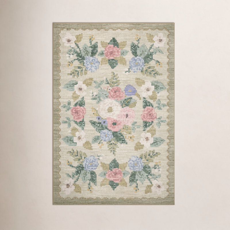 Tapis crème Rifle Paper Co. x Loloi Rosa, Rectangle 2 pi x 5 pi