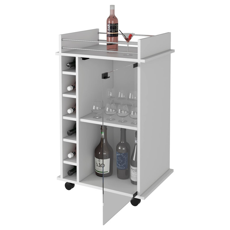 Chariot-bar Dukat, deux tablettes, six supports à vin intégrés, quatre roulettes - blanc, Blanc
