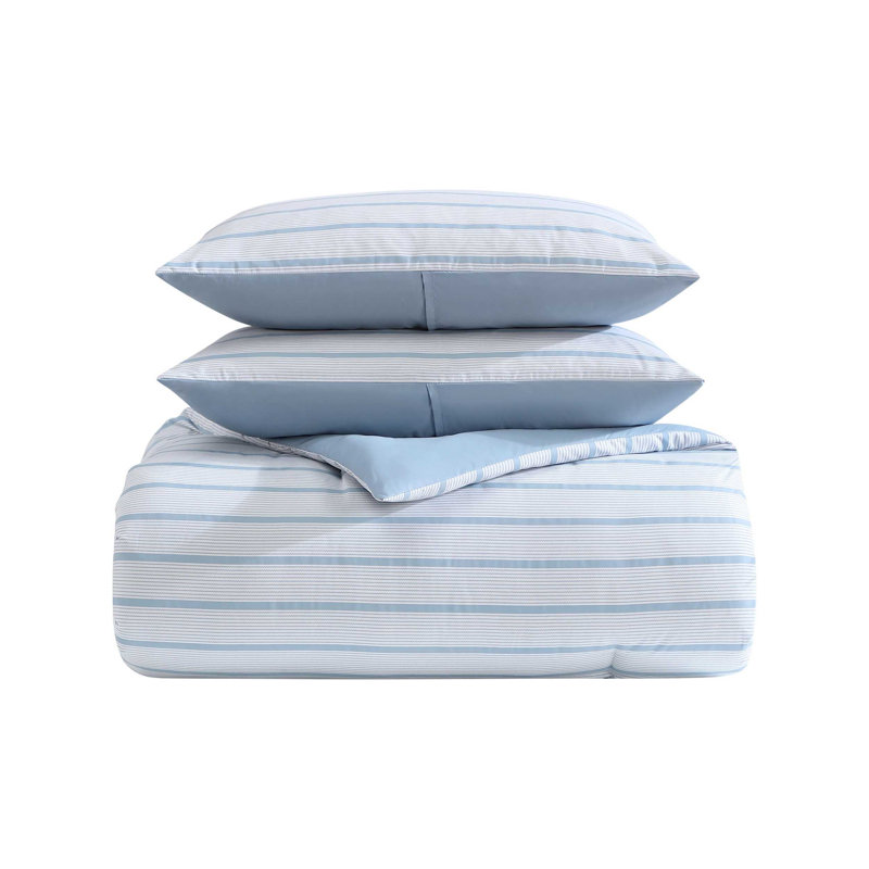 Ensemble d'édredon réversible bleu Nautica Chambray Waves, Édredon pour grand lit + 2 taies décoratives, Bleu rayé