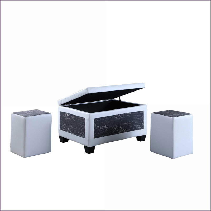 Ottoman with Storage &amp; 2 Extra Seating, Bonded Leather &amp; Microfabric, Old-World Blue &amp; White, 19" Tall | Wood | Black
