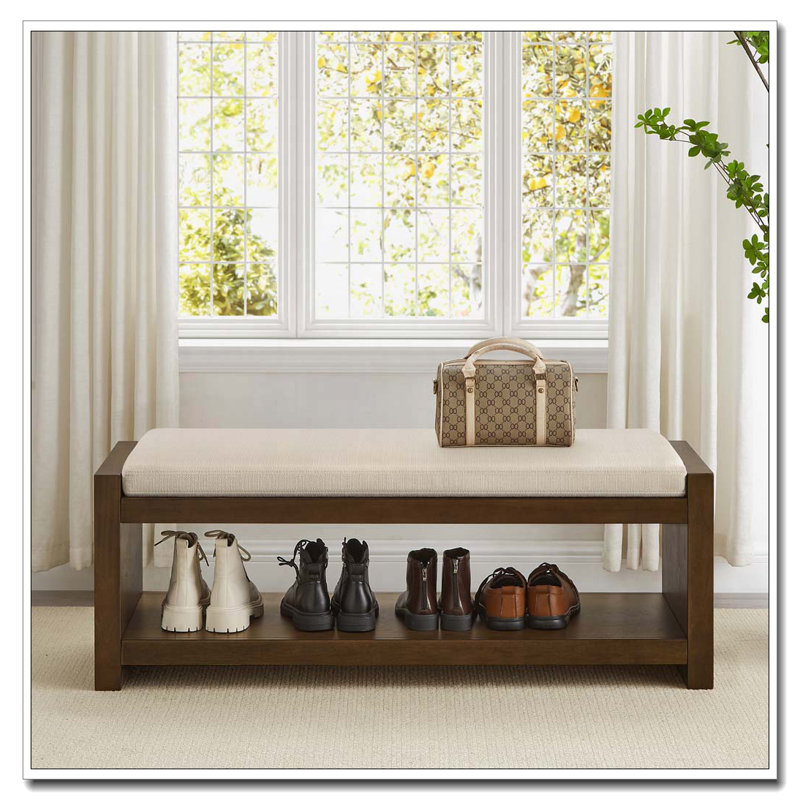 Bench with Lower Shelf Shoe Rack, Ivory