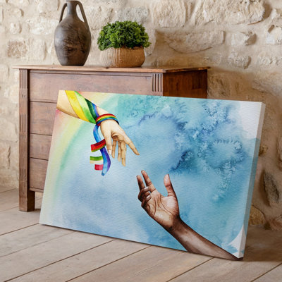 Canvas A Close Up Illustration Of Two Hands Reaching Towards Each Wall Art Other One Hand Belonging To A Person With A Light Creating Canvas Wall Art