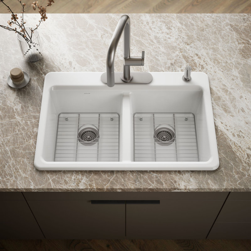 Riverby 33 In. Top-Mount Double-Bowl Kitchen Sink, White, 3 hole, Double-equal bowls