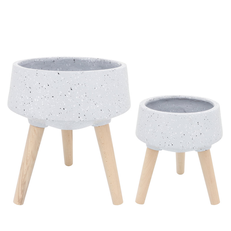 Jardinière S / 2 11/15 po Terrazzo avec pieds en bois