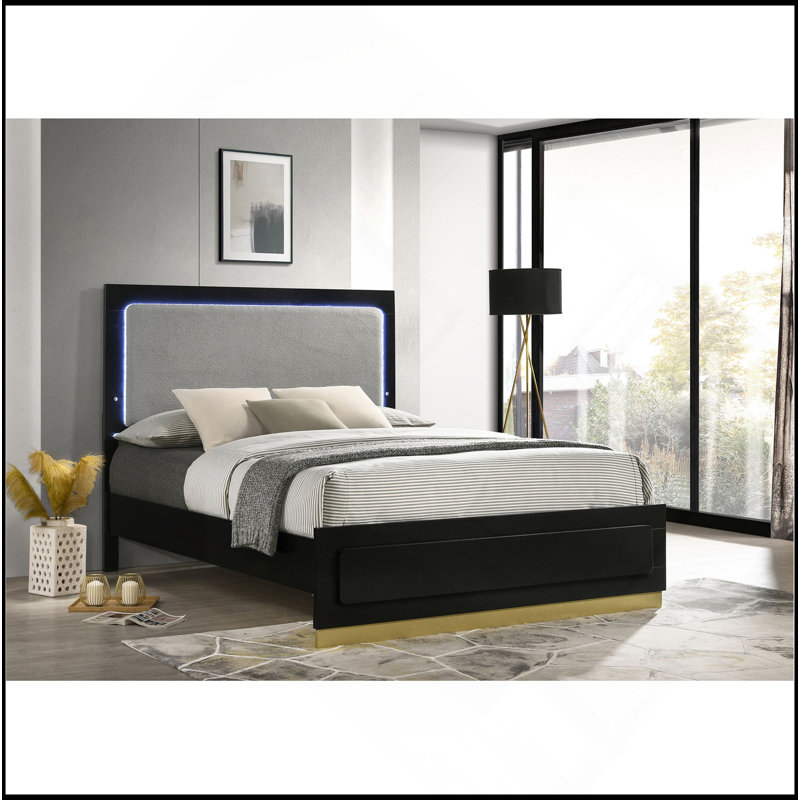 Black Wood Queen LED Panel Bed