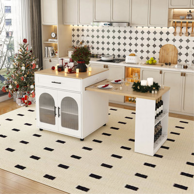 80-Inch Expandable Kitchen Island With Dining Table, Countertop With Power Outlet, Mobile Storage Cart With Cabinet & 2 Drawers, Kitchen Prep Table