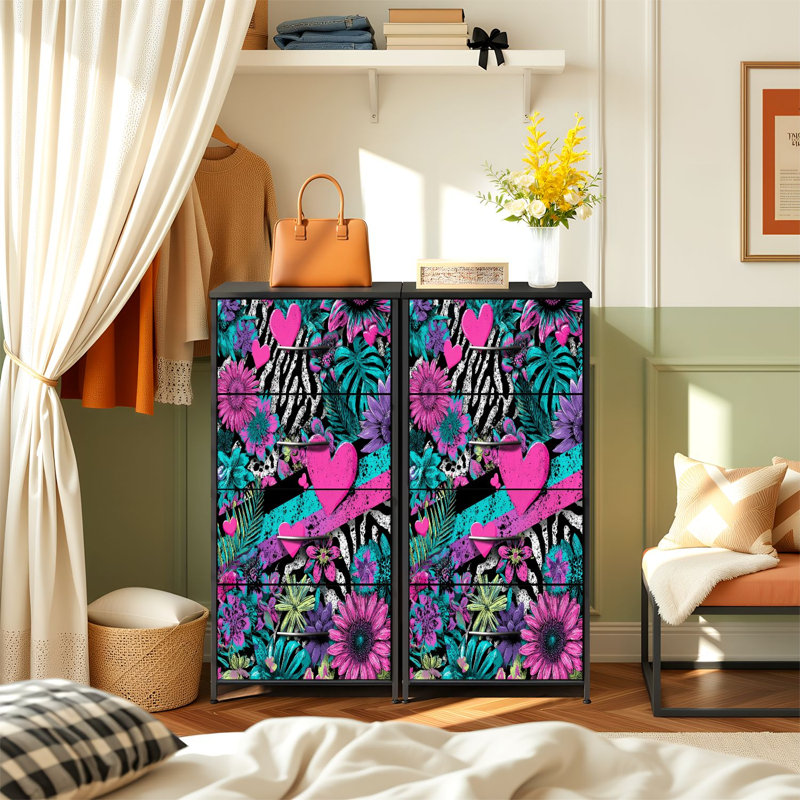 Commode moderne pour la chambre à coucher avec 4 tiroirs de rangement Bold Pink Black Striped Modern Pop Art Print Commode en tissu