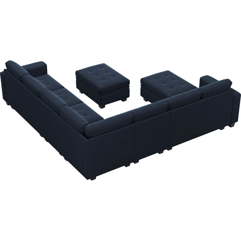 Canapé modulaire en velours de salon avec 2 repose-pieds avec rangement Shavera, Velours bleu