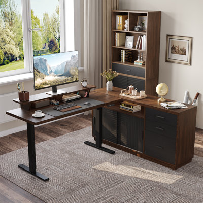 Bureau debout 55 po avec classeur 55 po, bureau debout électrique réglable en hauteur avec bibliothèque moderne de 71 po de hauteur, ensemble de mobilier de bureau personnel