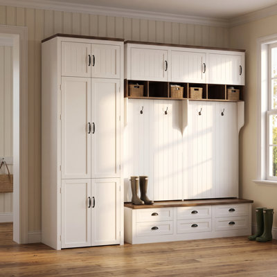 94.5-Inch Wide Hall Tree Wall System with Storage Tower, Bench, Drawers, Cabinets, Cubbies, and Hooks