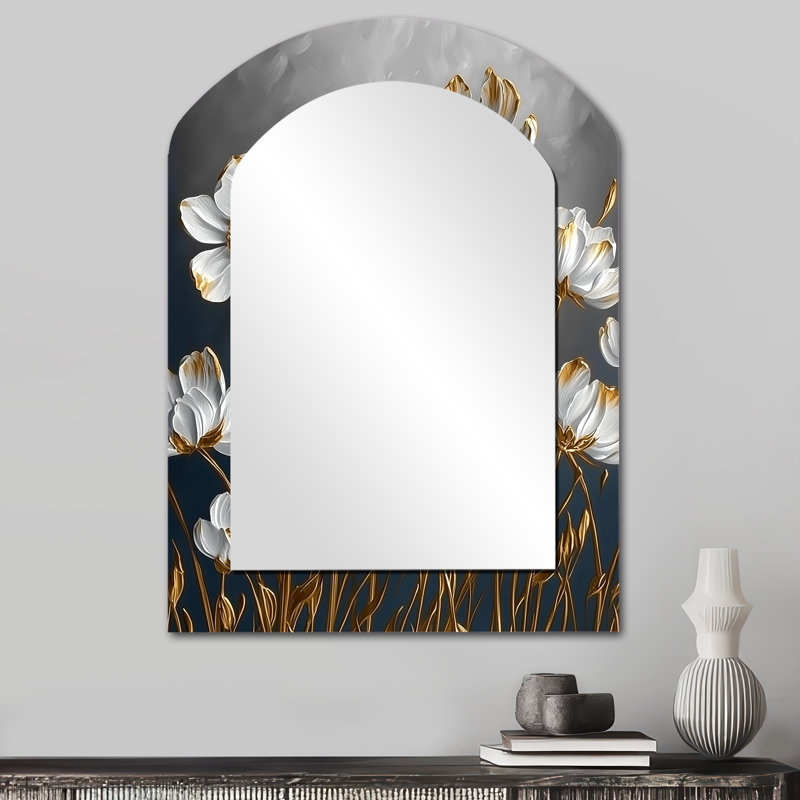 Cornflowers In White And Gold Tones II - Cornflowers Asymmetrical Unique Mirror, White Arch Large Wall Mirror, Printed Metal Art