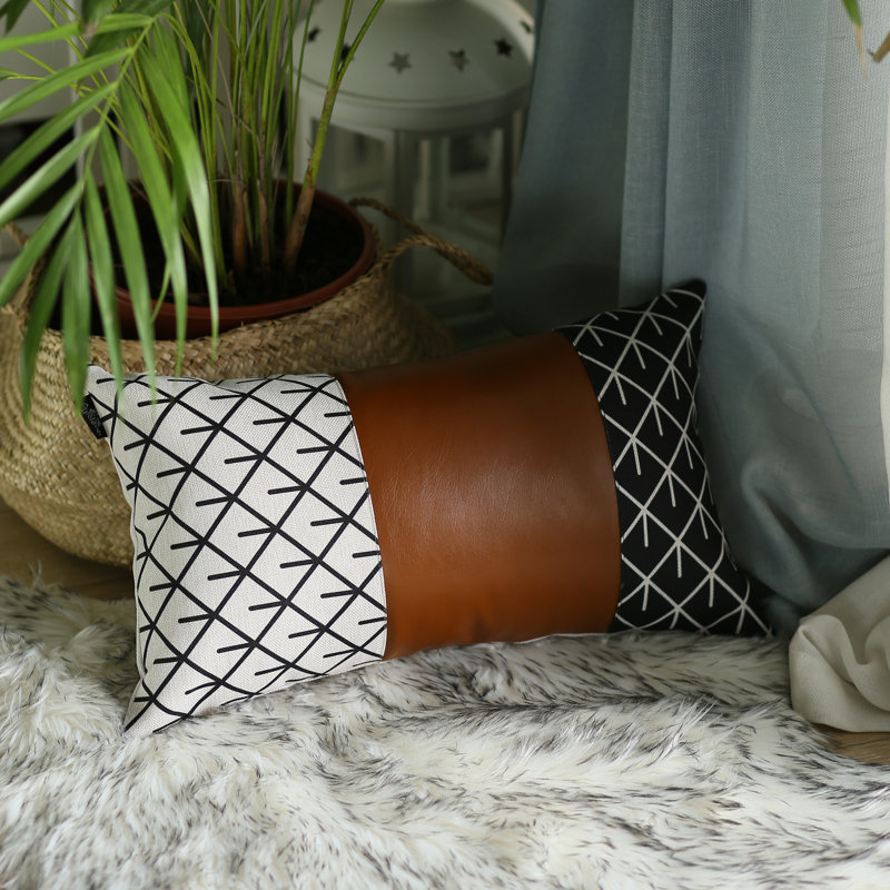 Boho Brown and Ivory Geometric Vegan Leather Lumbar Pillow Covers, 12" x 20", Set of 2