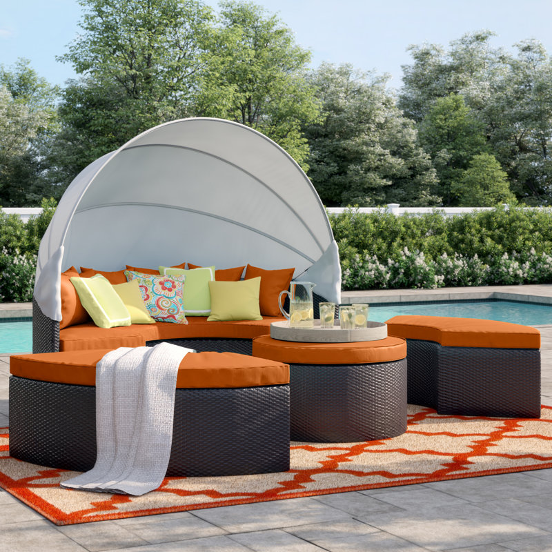 Convene Wicker Rattan Outdoor Patio Canopy Sectional Daybed, Orange