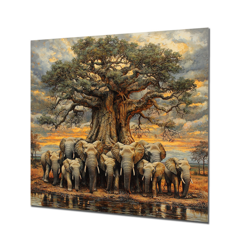Éléphants d'Afrique par le baobab I - reproduction d'art moderne en métal, décoration murale éléphant en métal