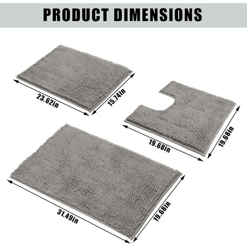 Ensemble de 3 tapis de bain en chenille avec tapis de toilette en forme de U, ultra doux, en microfibre à séchage rapide, envers antidérapant en TPR, gris pâle