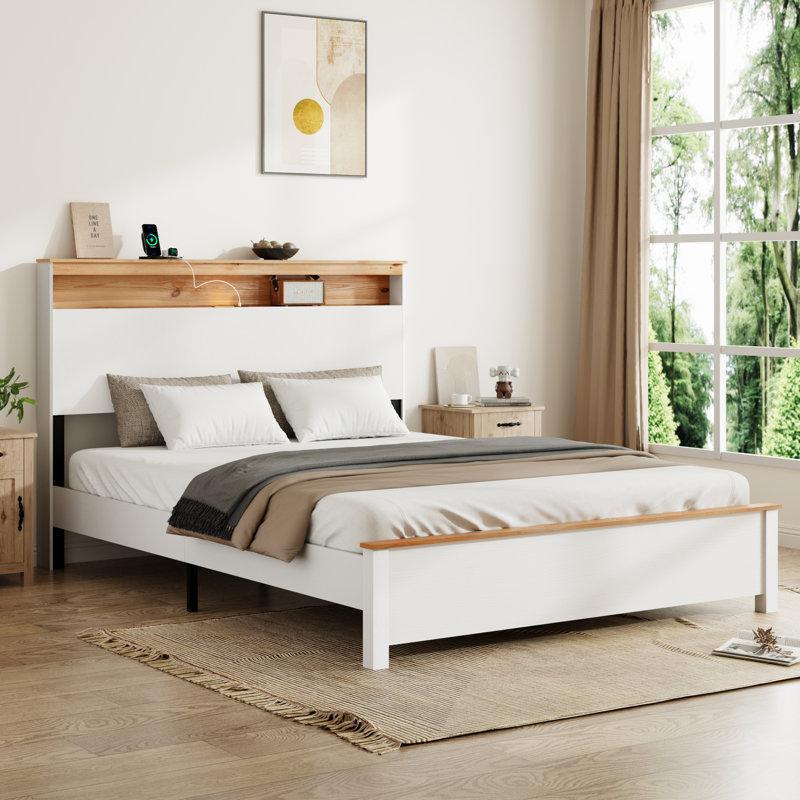 Cadre de lit double American Traditional avec ton de bois blanc antique, DEL, fonction de charge de la tête de lit avec rangement, métal et bois, bruit, blanc sous le lit, structure,