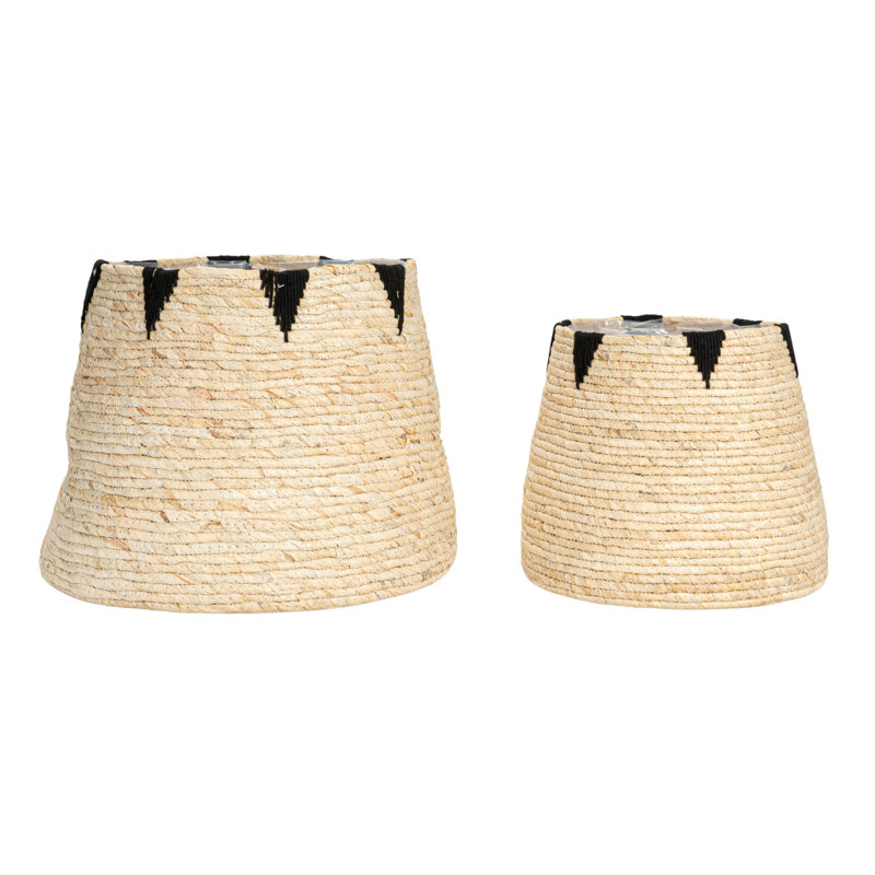 Round Handwoven Corn Leaf Basket Set with Black Accents