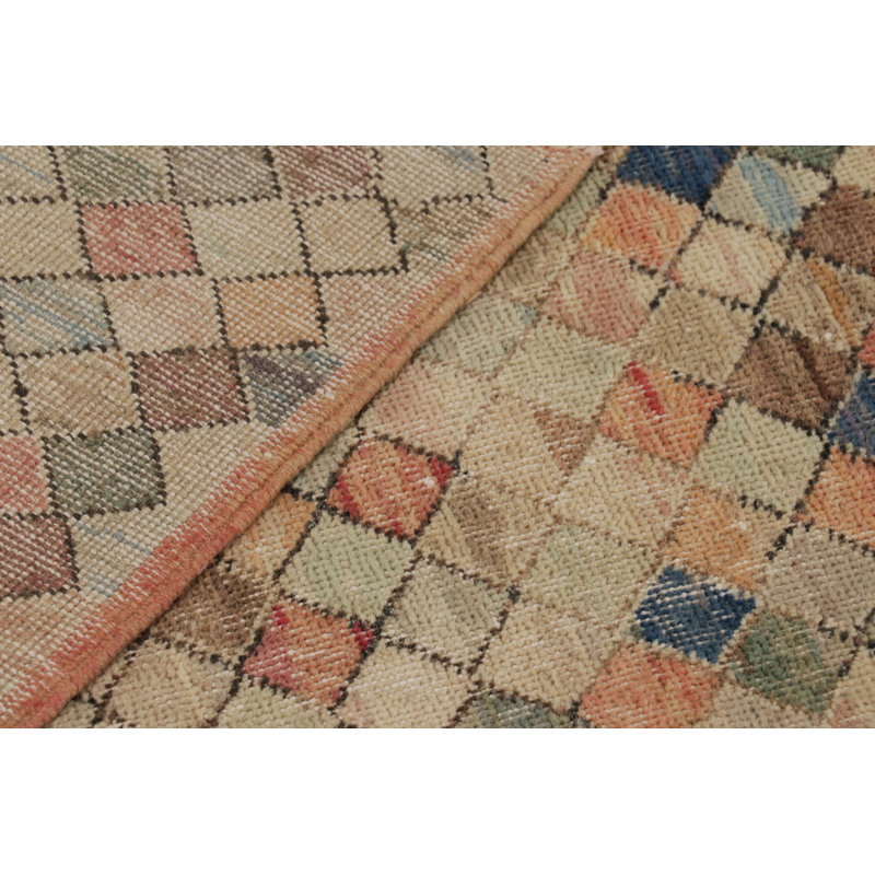Vintage Distressed Runner Rug, Polychromatic Geometric Design - Rug & Kilim