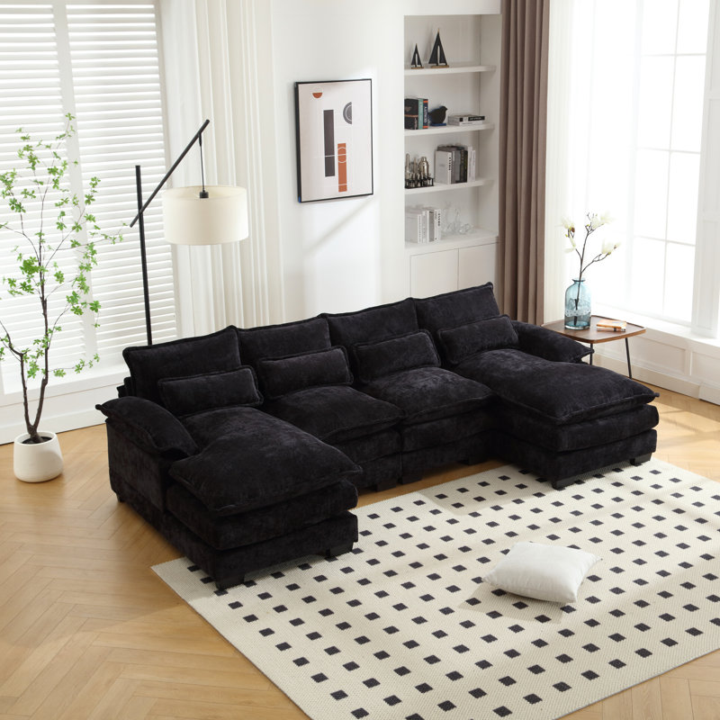 Chenille à quatre places en forme de U, structure en bois massif, éponge élastique pour un siège de salon relaxant avec chenille, éponge, téléviseur confortable et cinéma