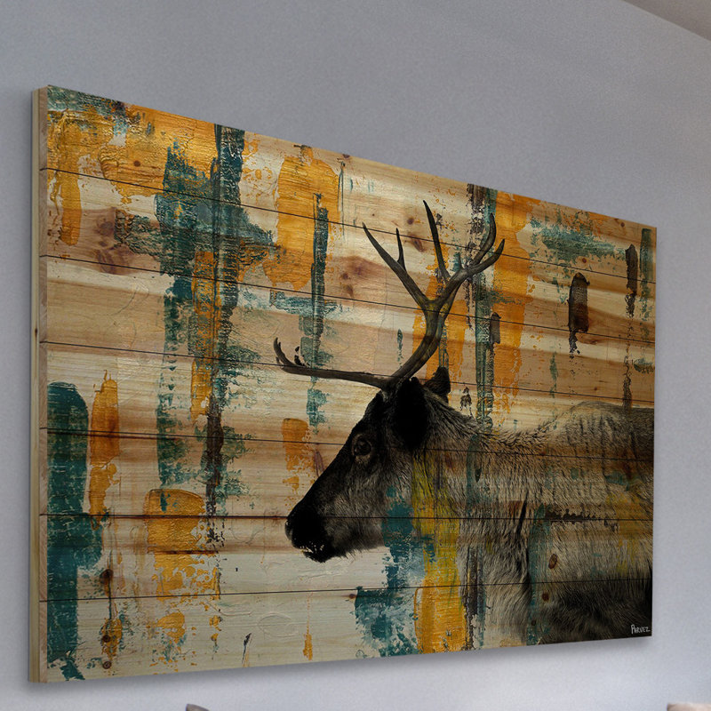 «Naoise Teal Yellow Reindeer» par Parvez Taj, reproduction sur bois, H 24 po x l 36 po x P 1,5 po