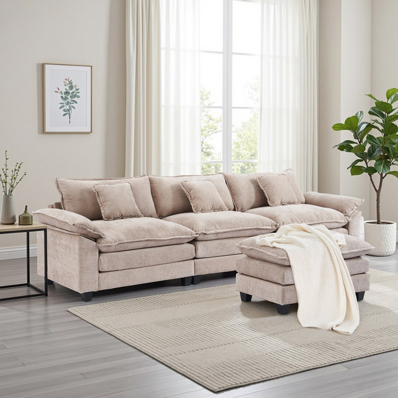 108" Chenille Sectional Sofa with Reversible Ottoman, Deep Seat Cloud Couch with 4 Pillows for Living Room, Khaki