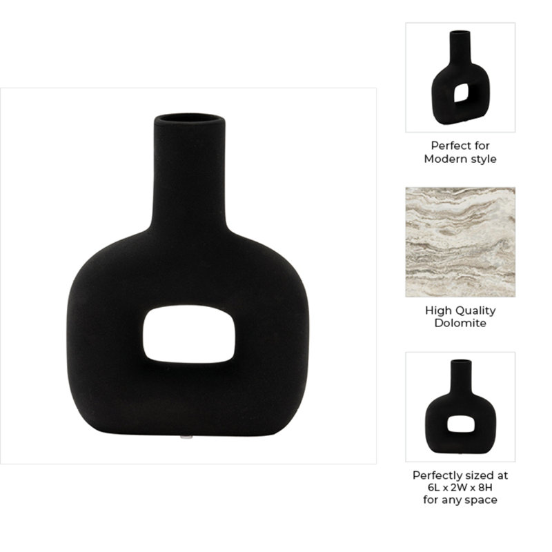 Modern Geometric Stoneware Dolomite Vase - Minimalist Decorative Accent for Contemporary Home Decor, Black