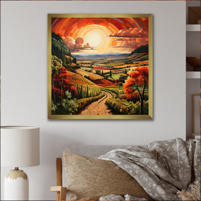 " Orange Green Vineyard Rows of Ruby II " Mixed Media and Color Photography Print