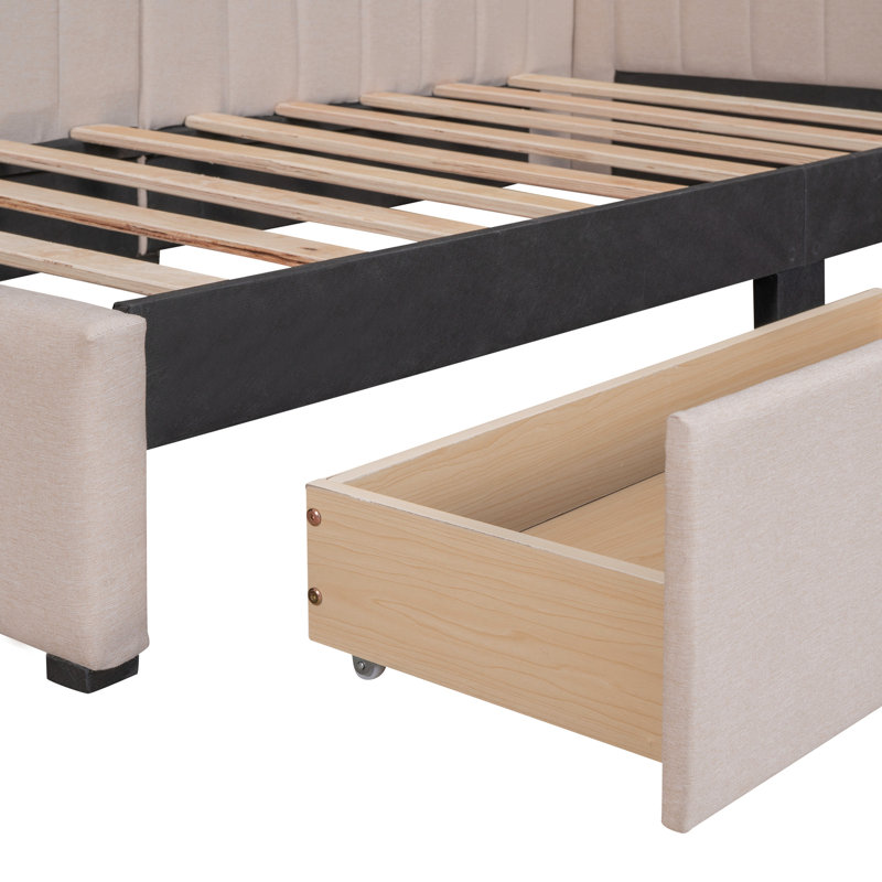 Lit de jour en tissu de lin beige avec cadre de lit simple et 2 tiroirs - aucun sommier requis, rangement polyvalent pour la décoration de la chambre à coucher dans le revêtement requis