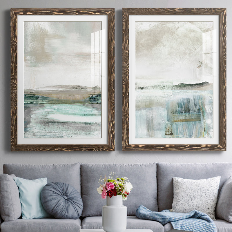 Beatrise Summer Teal I - ensemble de 2 peintures, H 31,5 po x l 47 po, Impression encadrée, Noyer