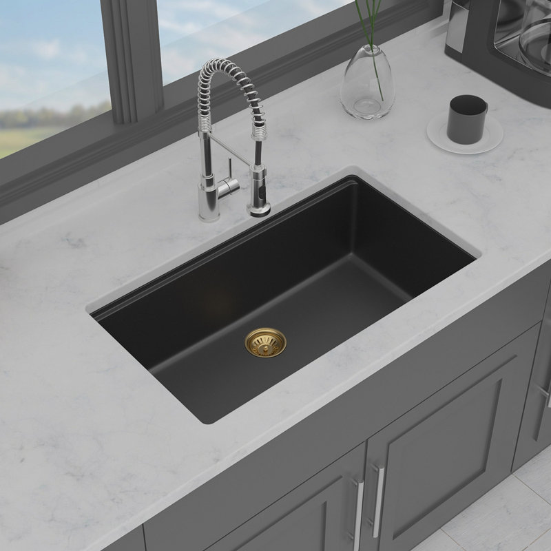 Quartz Kitchen Sink - 30" X 19" X 9.65" Black Granite Composite Workstation Undermount Single Bowl Kitchen Sink, Black