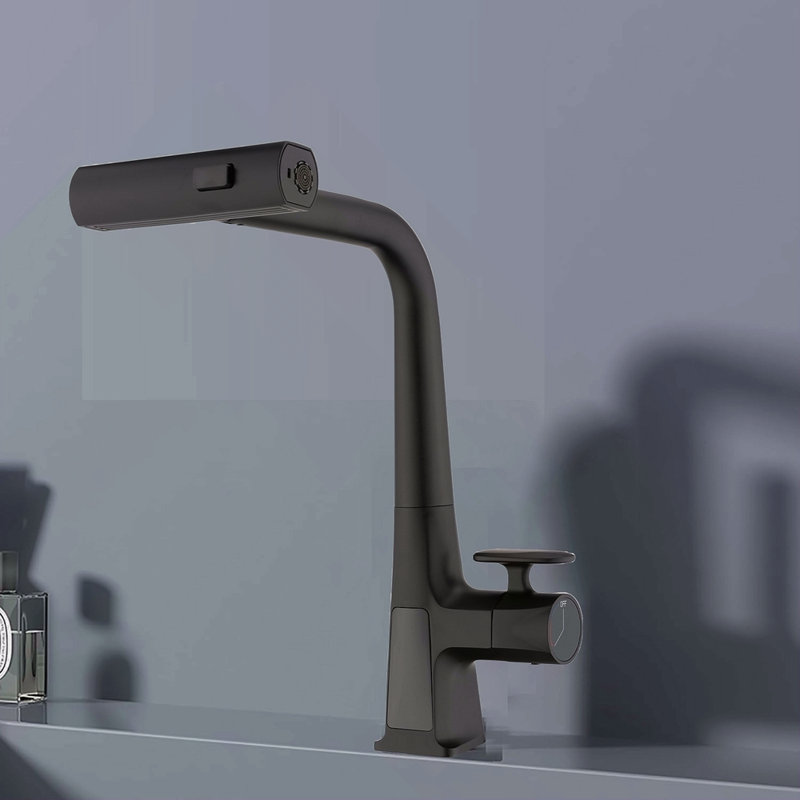 Robinet de cuisine à cascade avec affichage de la température, robinet de cuisine à poignée simple avec douchette rétractable, robinet d'évier de cuisine moderne, trois modes de sortie d'eau