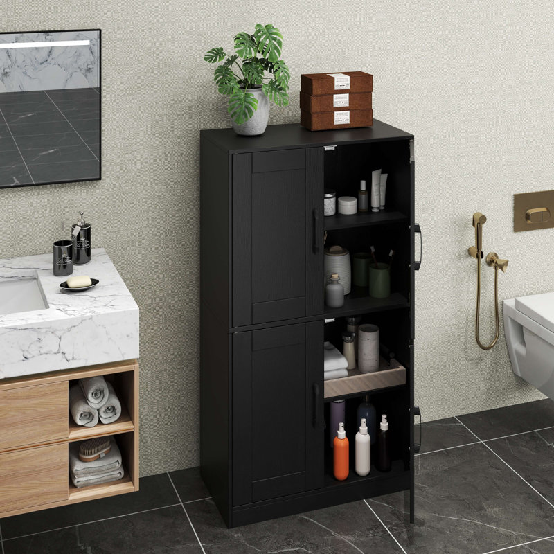 Bathroom Cabinet with Doors & Adjustable Shelves Storage Organizer for Living Room Black, Black