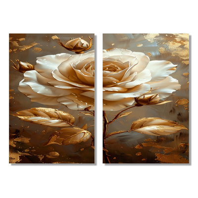 «Gilded White Rose Golden Glam Leaves», art mural encadré rose, impression sur toile florale blanche 2 panneaux