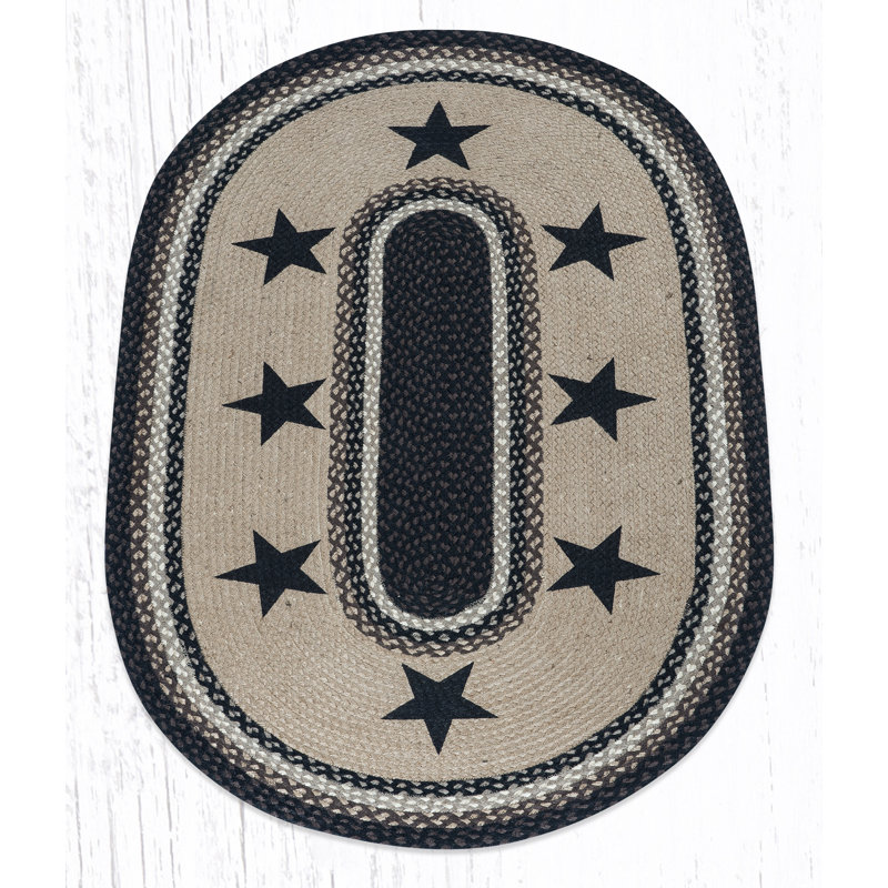  Black Stars Oval Patch Rug Hand-Braided Jute Rug with Primitive Americana Star Design in Rustic Earth Tones, Oval 3' x 5'