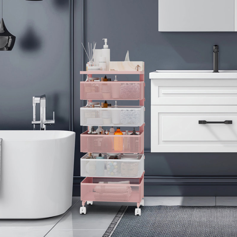 Pink and White 5-Tier Rotating Metal Utility Cart with Wheels