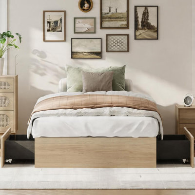 Twin Bed Frame with 2 Storage Drawers, Floor-Standing Low-Profile Bed Frame Without Headboard, Wood Slat Support, No Box Spring Needed, Easy Assembly, Minimalist Storage Bed