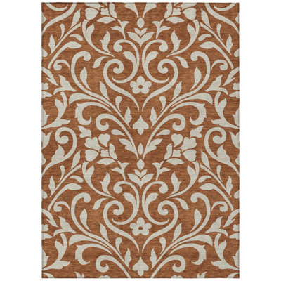 Tapis d'intérieur lavable à motif floral brun et beige 5 pi x 8 pi