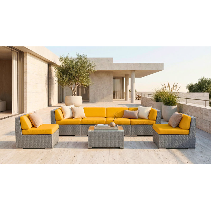 Barneveld Wicker 6 - Person Seating Group with Cushions - No Assembly, Sunflower Yellow Sunbrella® Canvas, Gray